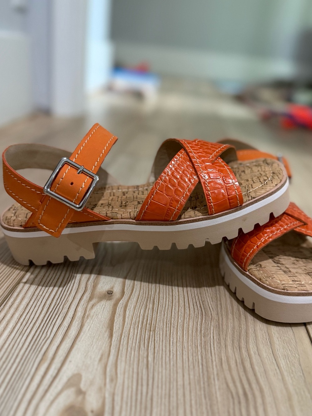 Donald J. Pliner Orange Croc-Embossed Leather Platform Sandals - Picture 3 of 4